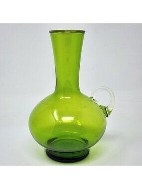 MCM Green Glass Pitcher Vase Clear Handle 6" Tall Elegant Delicate